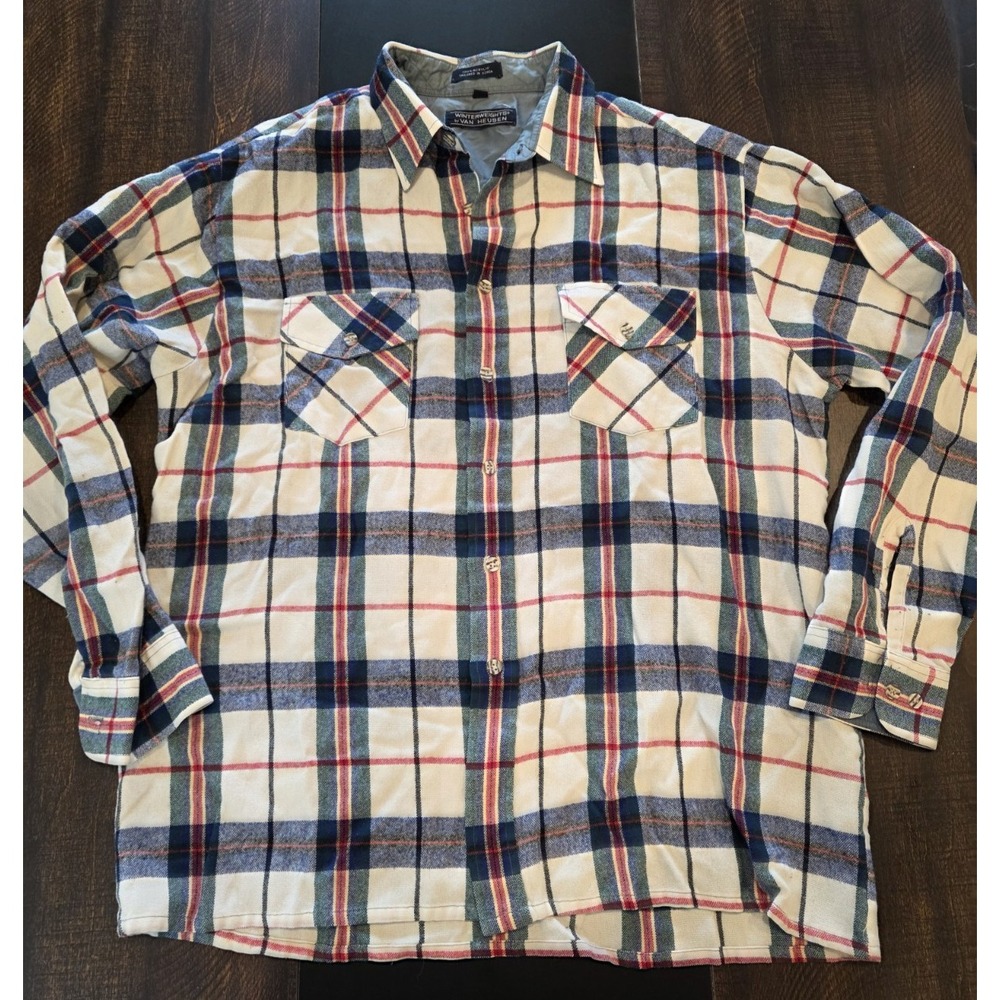Vintage Button Shirt Winterweights Van Heusen Plaid Flannel Acrylic Blue Large L